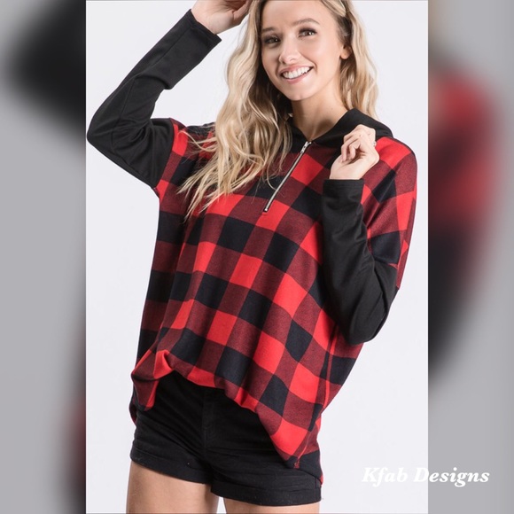 ❤️LAST 1! Check Zip Up Hoodie w/Contrast Sleeves! - Picture 6 of 13